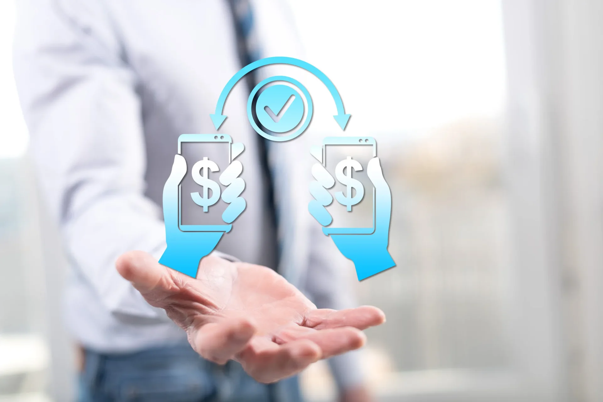 Money transfer concept above the hand of a man in background